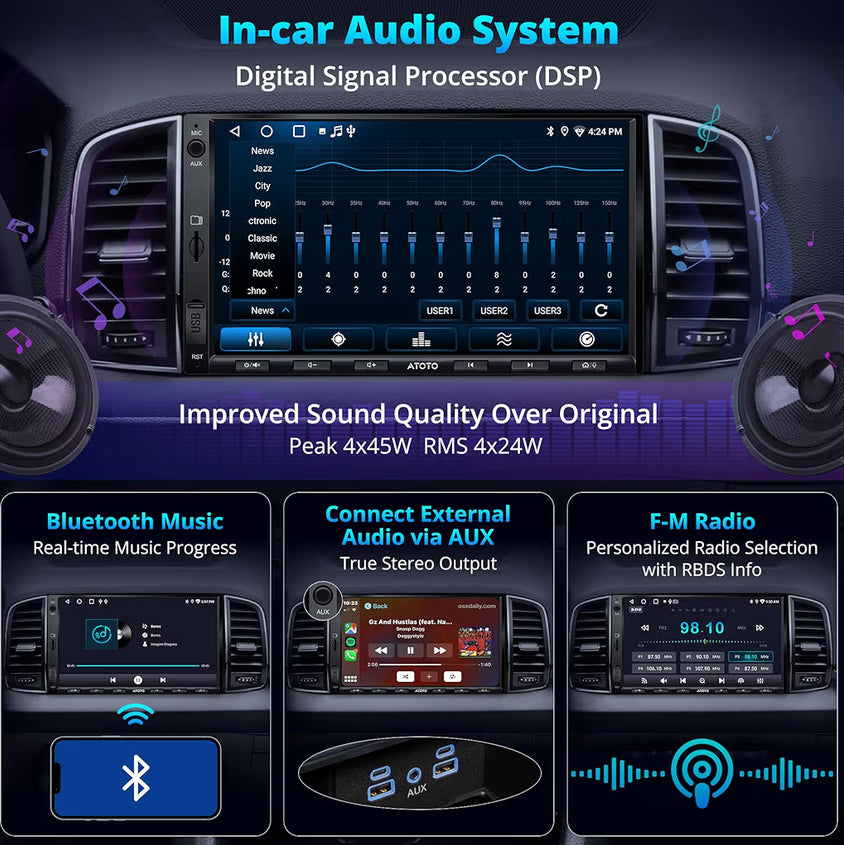 7" Dubbel-din-motorstereo met trurukamera en DVR-dashcam, draadlose CarPlay en Android Auto, WiFi/Bluetooth/USB-verbinding, DSP/FM/AM/SWC-raakskerm