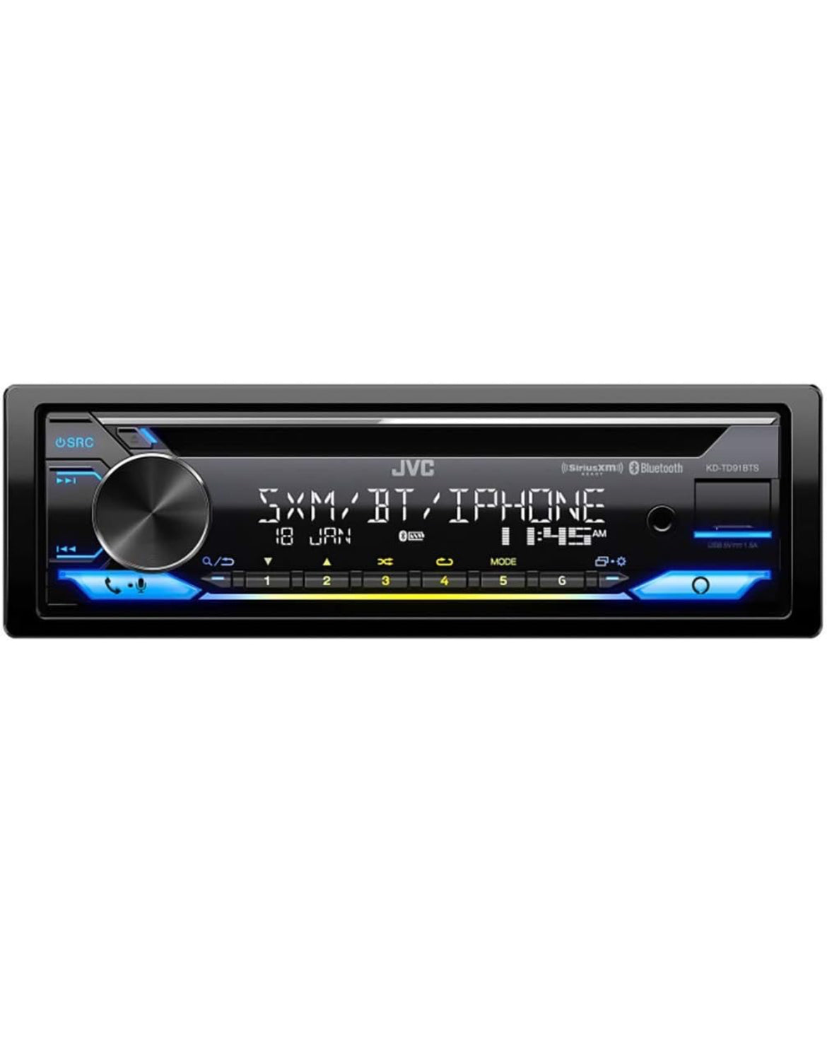 JVC KD-TD91BTS Bluetooth Motorradio-ontvanger met USB-poort – 2-reël LCD-skerm, AM/FM-radio – CD- en MP3-speler – Amazon Alexa-geaktiveer – Enkel-DIN – 13-band EQ (Swart)