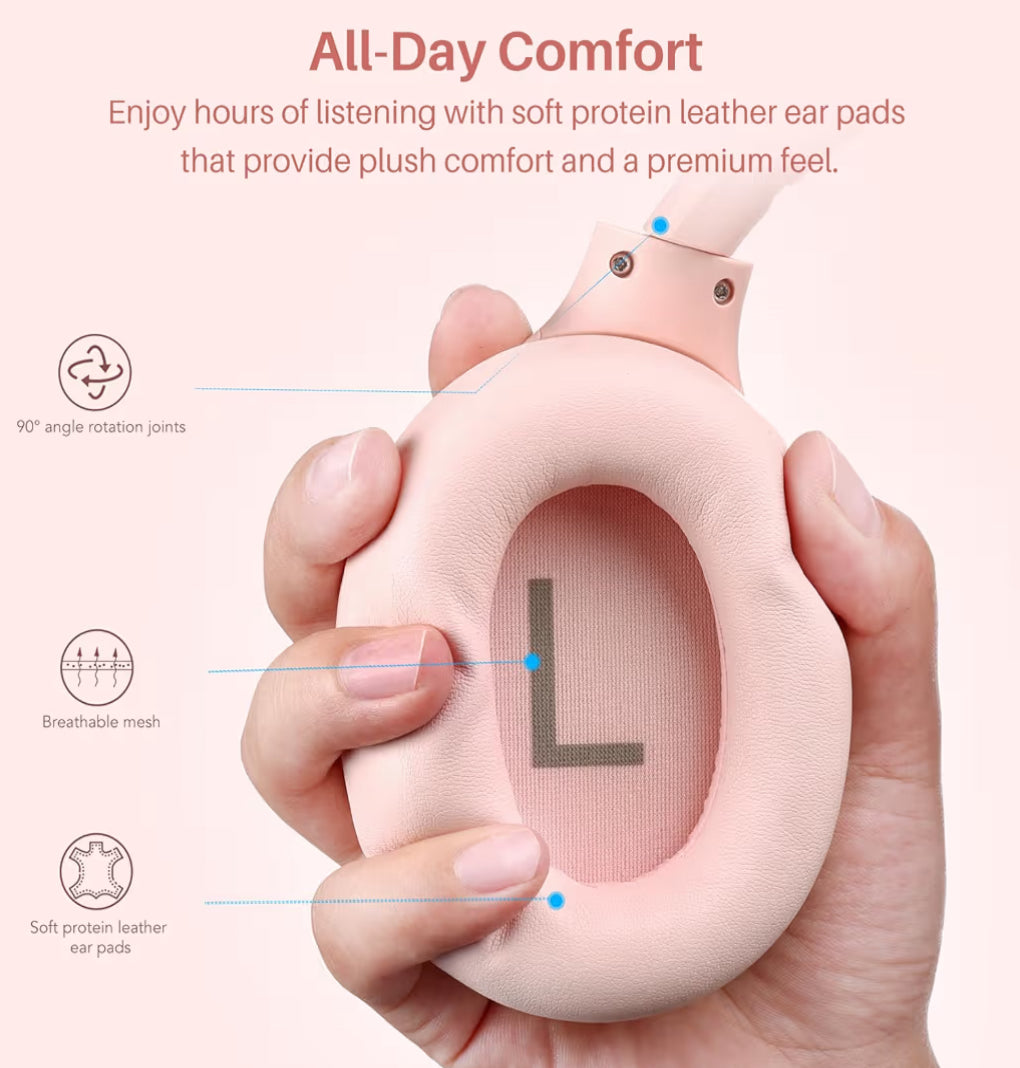 HT3 Hybrid Noise Cancelling Headphones, 90H Battery Life Over Ear Bluetooth 6.0 Foldable Headset, AI Voice Assistant - Pink