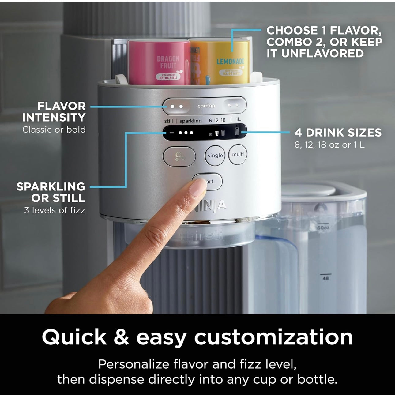 Ninja Thirsti Max Custom Hydration System, Soda Maker, Sparkling Water Maker, Custom Still & Sparkling Drinks, Compact Design, With 60L CO₂ Cylinder & Flavored Water Drops - Silver
