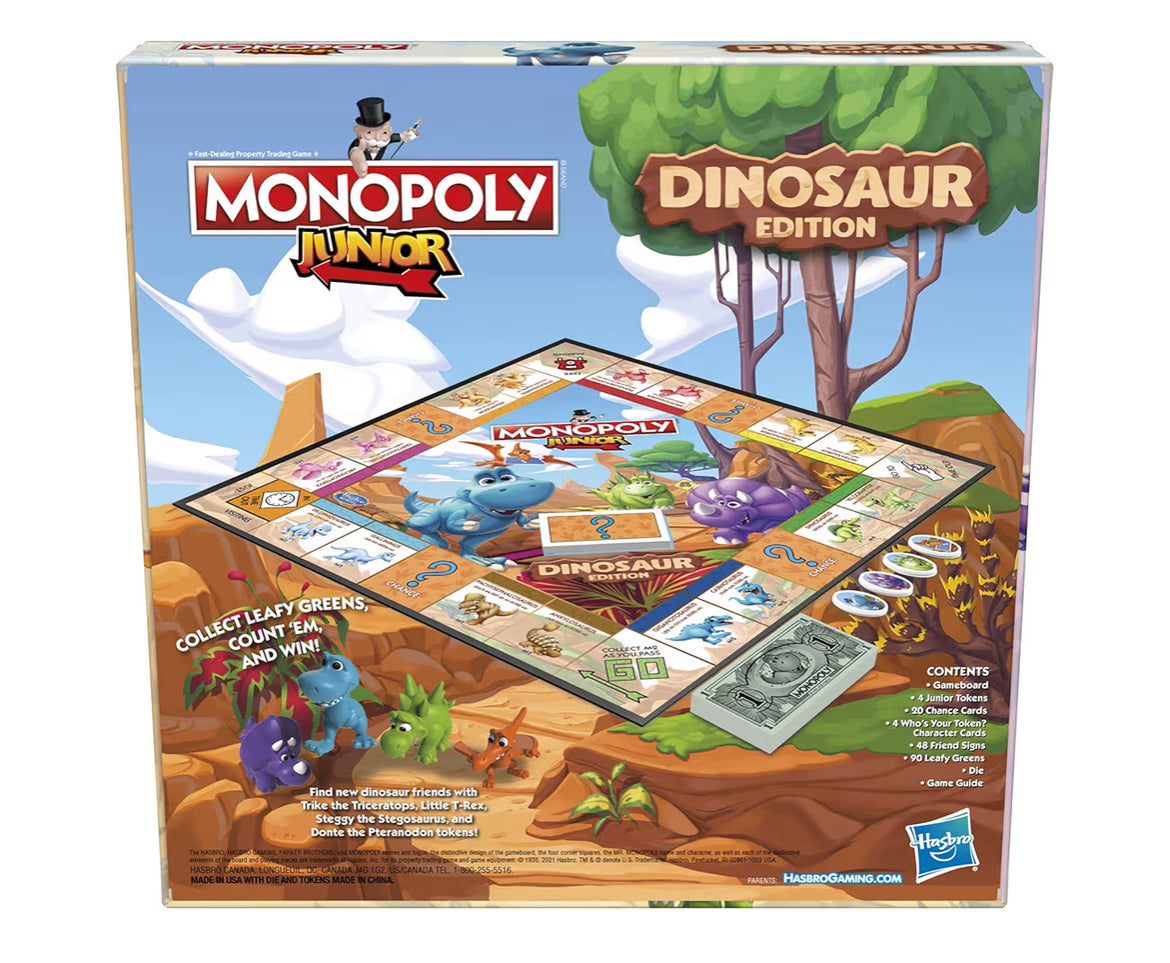 Hasbro Gaming Monopoly Junior Dinosaur Edition Game - Kids Board Games with Dino-Themed Toy Tokens