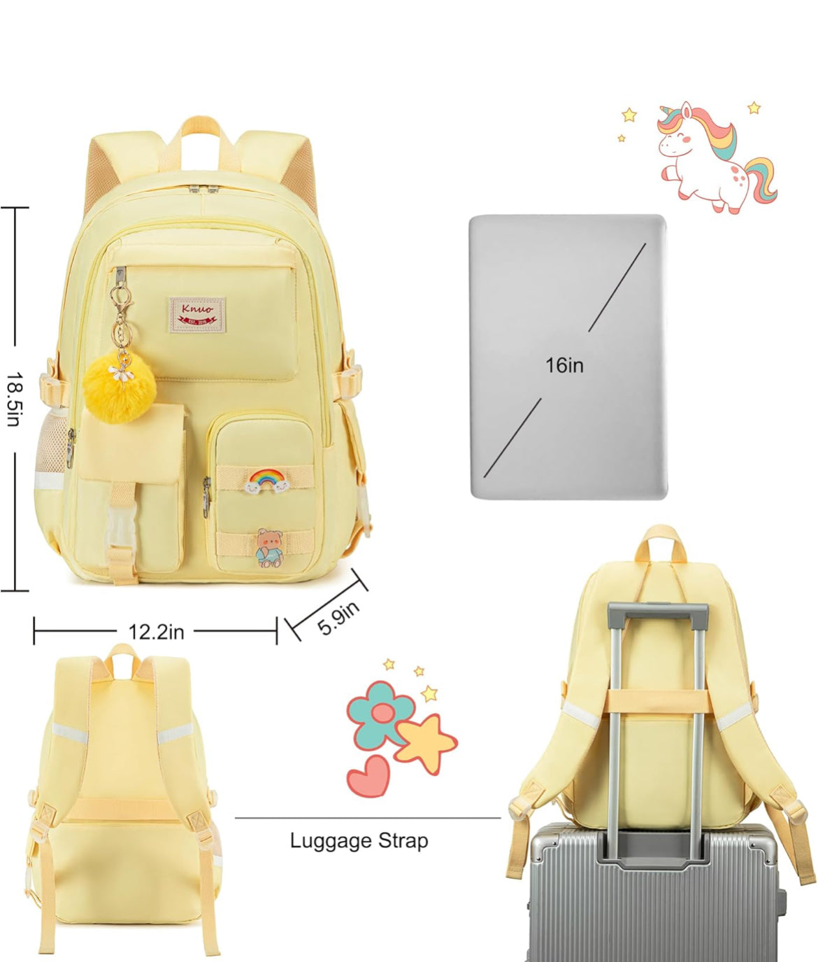 Backpack for girls Laptop Backpacks 15.6 Inch College Cute Bookbag Anti Theft Primary Elementary School Bag Casual Daypack for Teens Girls Women Students （Yellow