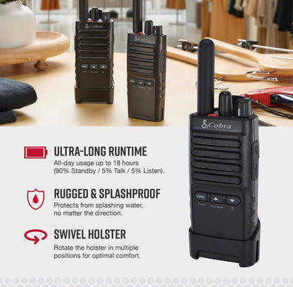 Cobra PX652 Professionele Walkie Talkies - Herlaaibaar, 22 Kanale, 300,000 vt.²/25 Vloer Bereik, Stofbeskerm en Spatwaterdig (IP54 Gradering), Oorfone en Laaiers Ingesluit (2-Pak)