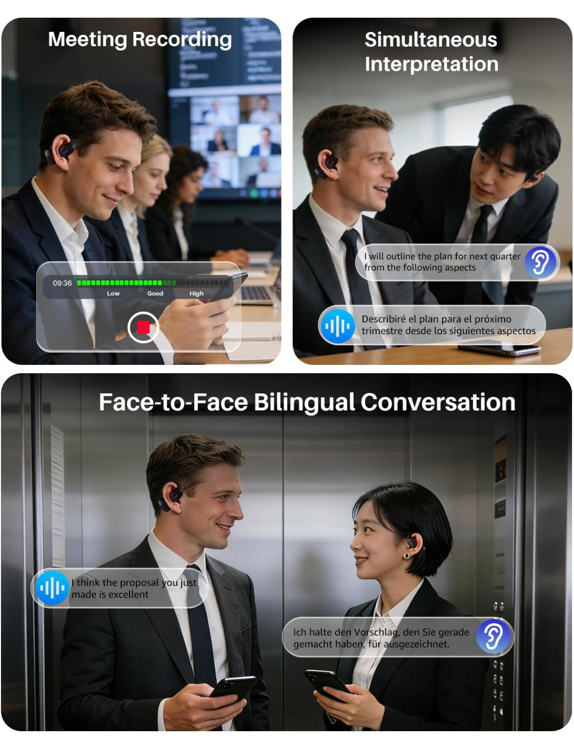 Open Ear Earbuds Bluetooth, AI Translation w/ Real-Time 100+ Languages Translation - Black