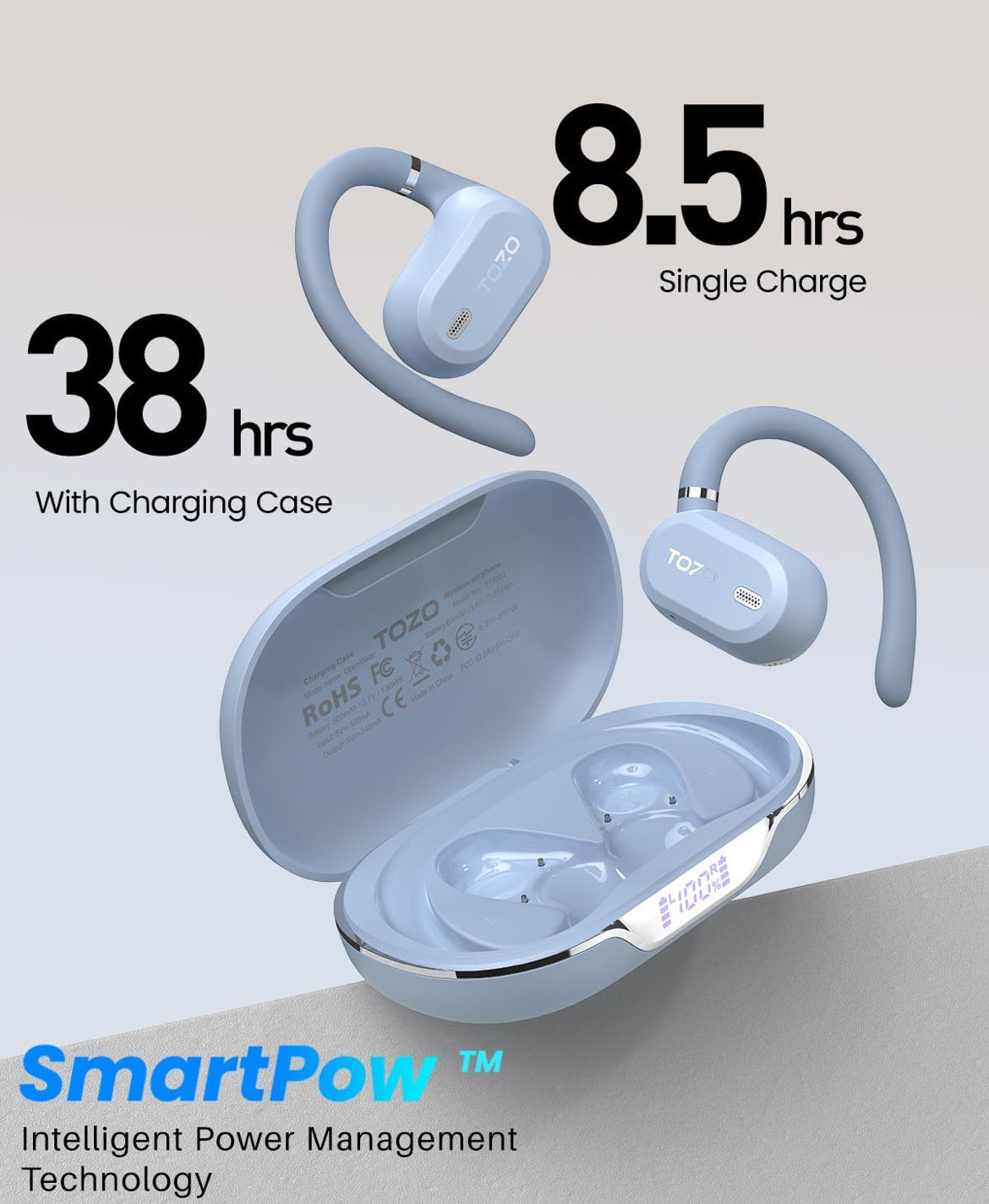 OpenWear Open Ear Headphones, Adjustable Ear Hooks, Ultra Comfort, Bass Bluetooth Headphones 5.4 with Smart Digital Display (Blue)