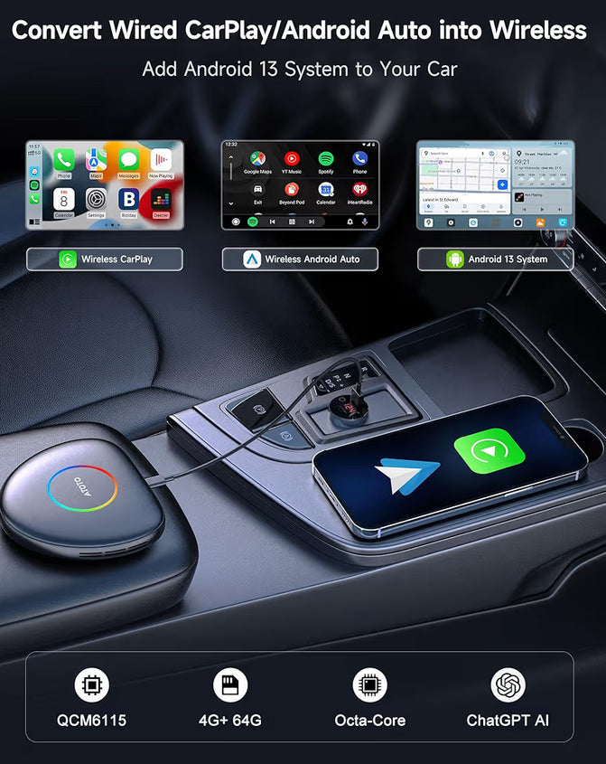 CB6C KI-boks draadlose CarPlay/AndroidAuto-adapter m/ YouTube, motorvideoboks GPS-navigasie uitbreidbaar tot 256GB