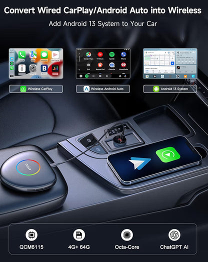 CB6C KI-boks draadlose CarPlay/AndroidAuto-adapter m/ YouTube, motorvideoboks GPS-navigasie uitbreidbaar tot 256GB