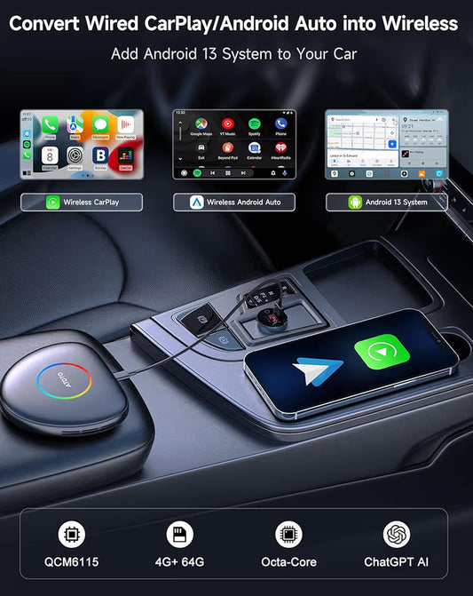 CB6C KI-boks draadlose CarPlay/AndroidAuto-adapter m/ YouTube, motorvideoboks GPS-navigasie uitbreidbaar tot 256GB