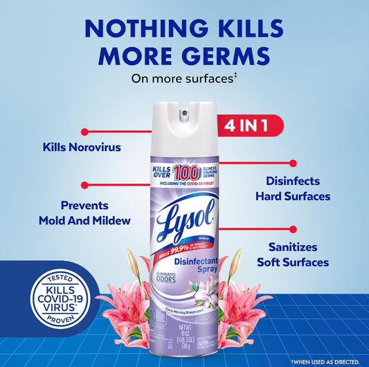Lysol Ontsmettingssproei, Saniterende en Antibakteriese Sproei, Vir Ontsmetting en Ontgeuring, Vroeë Oggendbries, 19 Fl Oz (Pak van 2), Verpakking Kan Verskil