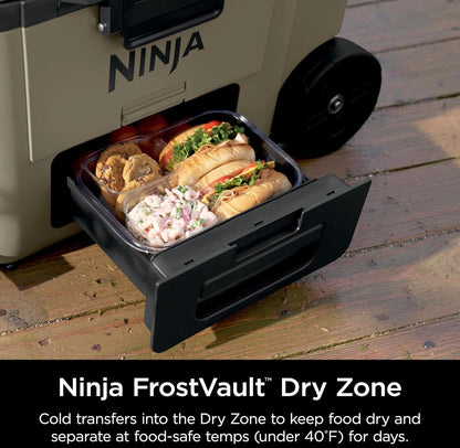 Ninja Cooler FrostVault 65QT Yskas met Wiele Geïsoleer met Temperatuur Droë Bergingslaai Hou Ys Dae Lank Koud - Berk Beige (FB265GY)