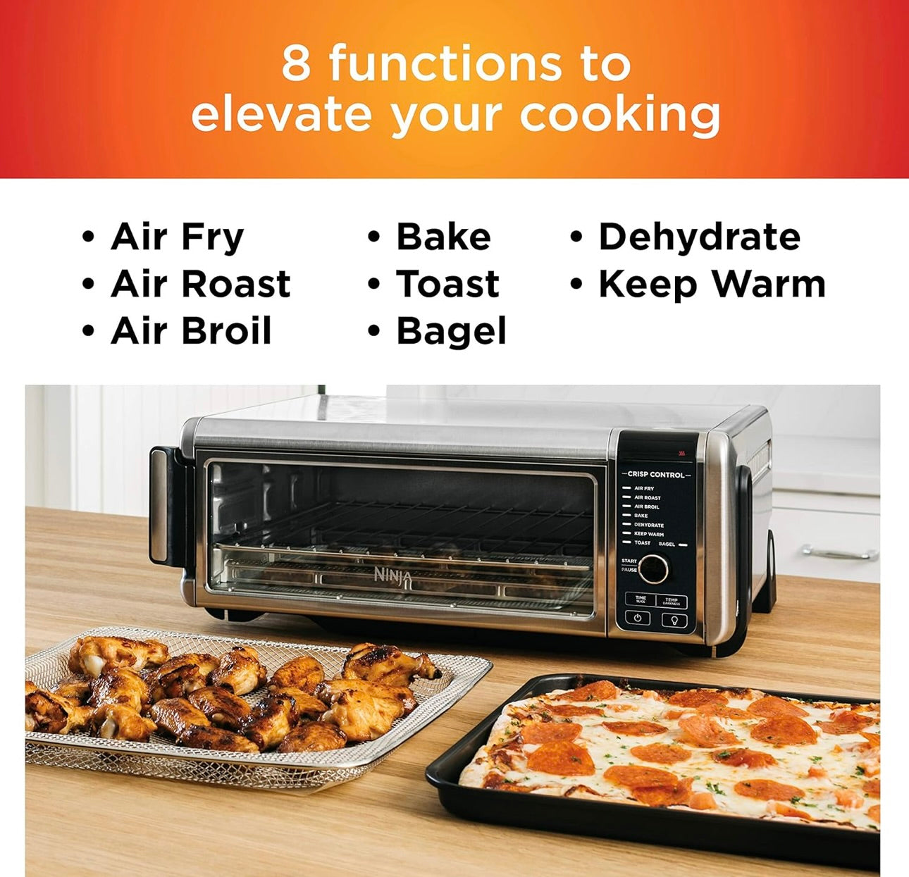 Ninja SP101 Digital Air Fry Countertop Oven with 8-in-1 Functionality, Flip Up & Away Capability for Storage Space, with Air Fry Basket, Wire Rack & Crumb Tray, Silver