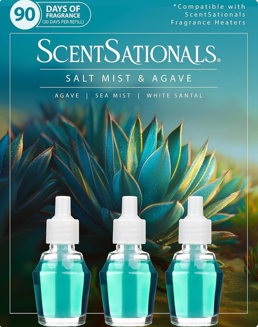 ScentSationals Salt Mist & Agave Fragrance Oil Plug In Air Freshener Refills 3-Pack - Works w/ Scentsationals Wall Plugs - Packaging May Vary