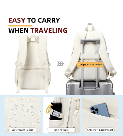 College Bookbag Laptop Backpacks 15.6 Inch Kids Elementary School Bag for Teens Girls Boys Water Resistant Sport Travel Back Pack Women Men Work Business Computer Rucksack Off White