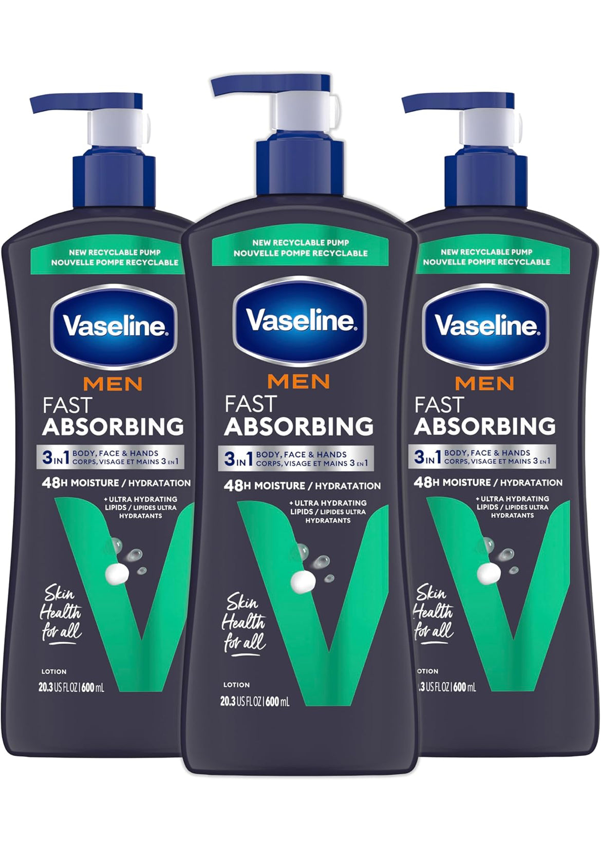 Vaseline Men's Healing Moisture Hand & Body Lotion For Dry or Cracked Skin Fast Absorbing Non-Greasy Lotion for Men 20.3 oz, Pack of 3