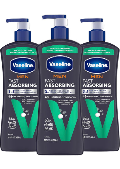Vaseline Men's Healing Moisture Hand & Body Lotion For Dry or Cracked Skin Fast Absorbing Non-Greasy Lotion for Men 20.3 oz, Pack of 3