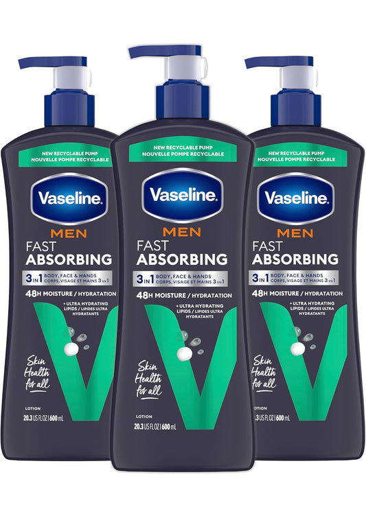 Vaseline Men's Healing Moisture Hand- en Liggaamsmelk vir Droë of Gebarste Vel Vinnig Absorberende Nie-Vetroom vir Mans 20.3 oz, Pak van 3