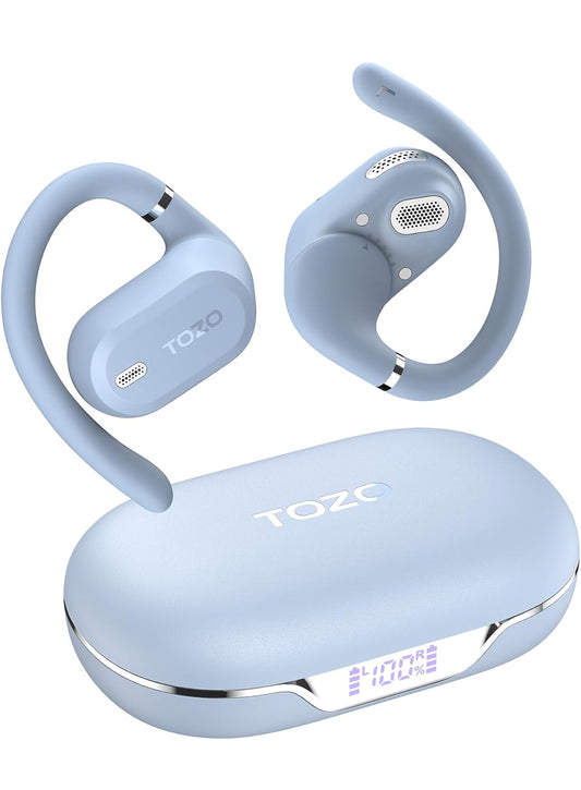 OpenWear Open Ear Headphones, Adjustable Ear Hooks, Ultra Comfort, Bass Bluetooth Headphones 5.4 with Smart Digital Display (Blue)
