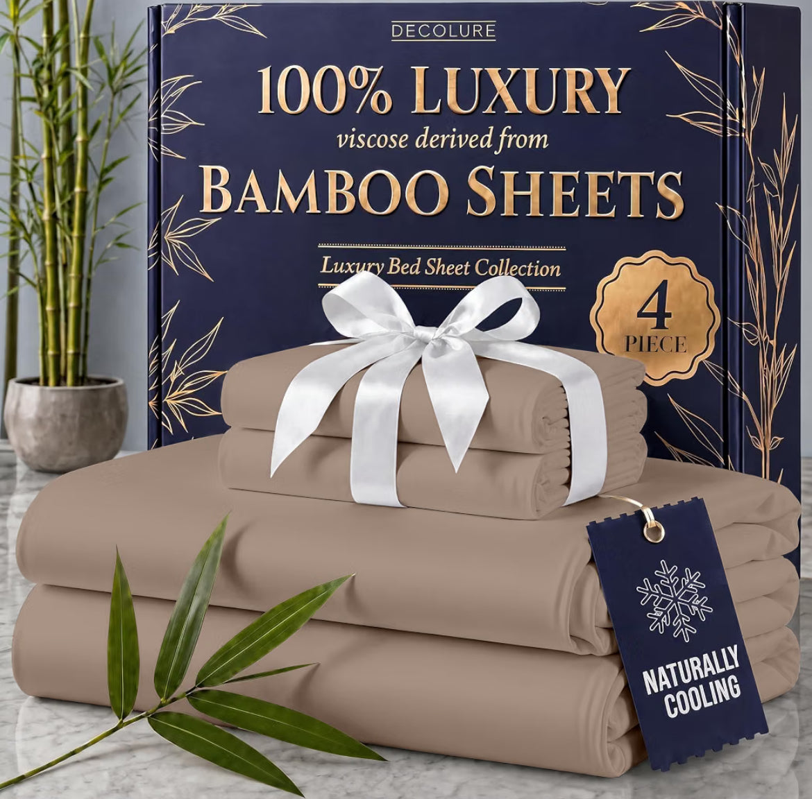 DECOLURE 100% Viscose Derived from Bamboo Sheets King Size - Luxury 4 Pc Naturally Cooling Sheets, Ultra Soft Bed Set - Deep 17" Pockets, Durable Double Stitching, Oeko Tex Standard (Taupe)