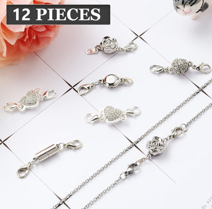 12 Stuks Halsnoer Magnetiese Sluitings en Hegters Karabiners Silwer Magnetiese Juweliersware Sluitings Sluitende Halsnoer Verlengstukke Ronde Strassbal Magnetiese Sluitings vir Armbande Maak Meervoudige Style