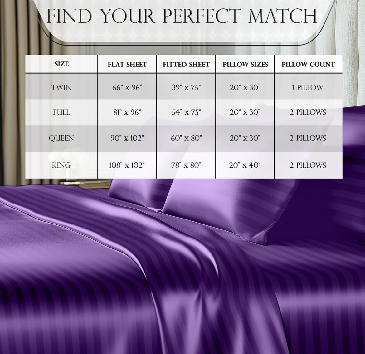 DECOLURE Satin Bed Sheets - 4 Piece Luxury Silky Queen Size Bedding Set - Softer Than Silk, Wrinkle-Free with 15” Deep Pocket Fitted Sheet, Perfect for Hair & Skin, Gifts for Women (Striped Purple)
