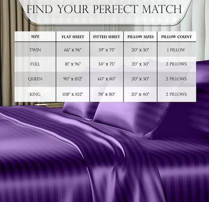 DECOLURE Satin Bed Sheets - 4 Piece Luxury Silky Queen Size Bedding Set - Softer Than Silk, Wrinkle-Free with 15” Deep Pocket Fitted Sheet, Perfect for Hair & Skin, Gifts for Women (Striped Purple)