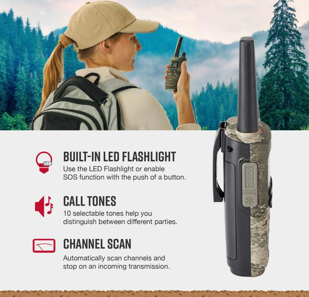 Cobra RX380 Walkie Talkies (2-pak) – Weerbestande tweerigtingradio's met lang reikafstand, 40 voorafgeprogrammeerde kanale, weerwaarskuwings, LED-flitslig, langdurige NiMH-batterye (TrueTimber Strata Camo)