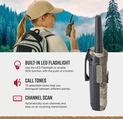 Cobra RX380 Walkie Talkies (2-pak) – Weerbestande tweerigtingradio's met lang reikafstand, 40 voorafgeprogrammeerde kanale, weerwaarskuwings, LED-flitslig, langdurige NiMH-batterye (TrueTimber Strata Camo)
