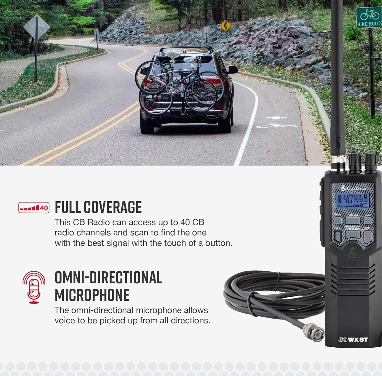 Cobra HHRT50 Padreis CB Radio – 2-rigting Handheld Noodradio met Toegang tot Volle 40 Kanale en NOAA Waarskuwings, Dak Magneetmonteer Antenna en Omni-rigting Mikrofoon, Swart, 6.3" x 2" x 1.75"