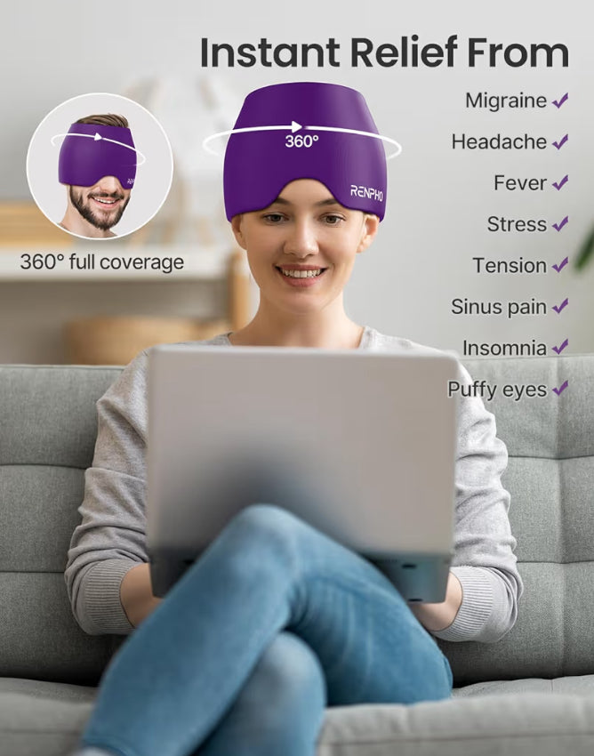 Migraine Relief Cap Ice Head Wrap with Hot or Cold Therapy - Ice Face Mask (Purple)