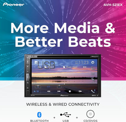 Pioneer AVH-521EX 6.8" Resistive Touchscreen Double Din Car Stereo
DVD Multimedia Receiver, Bluetooth, Backup Camera, SiriusXM, USB, FLAC Playback, MIXTRAX, 13-Band EQ, AM/FM Radio Preouts