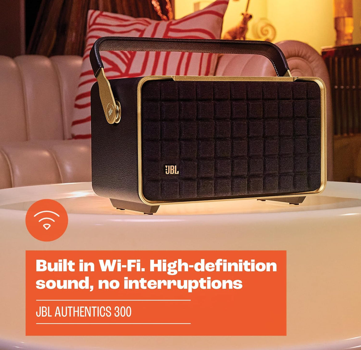 JBL Authentics 300 - Retro Style Wireless Bluetooth/WiFi Home Speaker, Built in Battery (4800mAh) - (White/Gold)