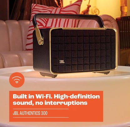 JBL Authentics 300 - Retro Styl Draadlose Bluetooth/WiFi Tuisluidspreker, Ingeboude Battery (4800mAh) - (Wit/Goud)