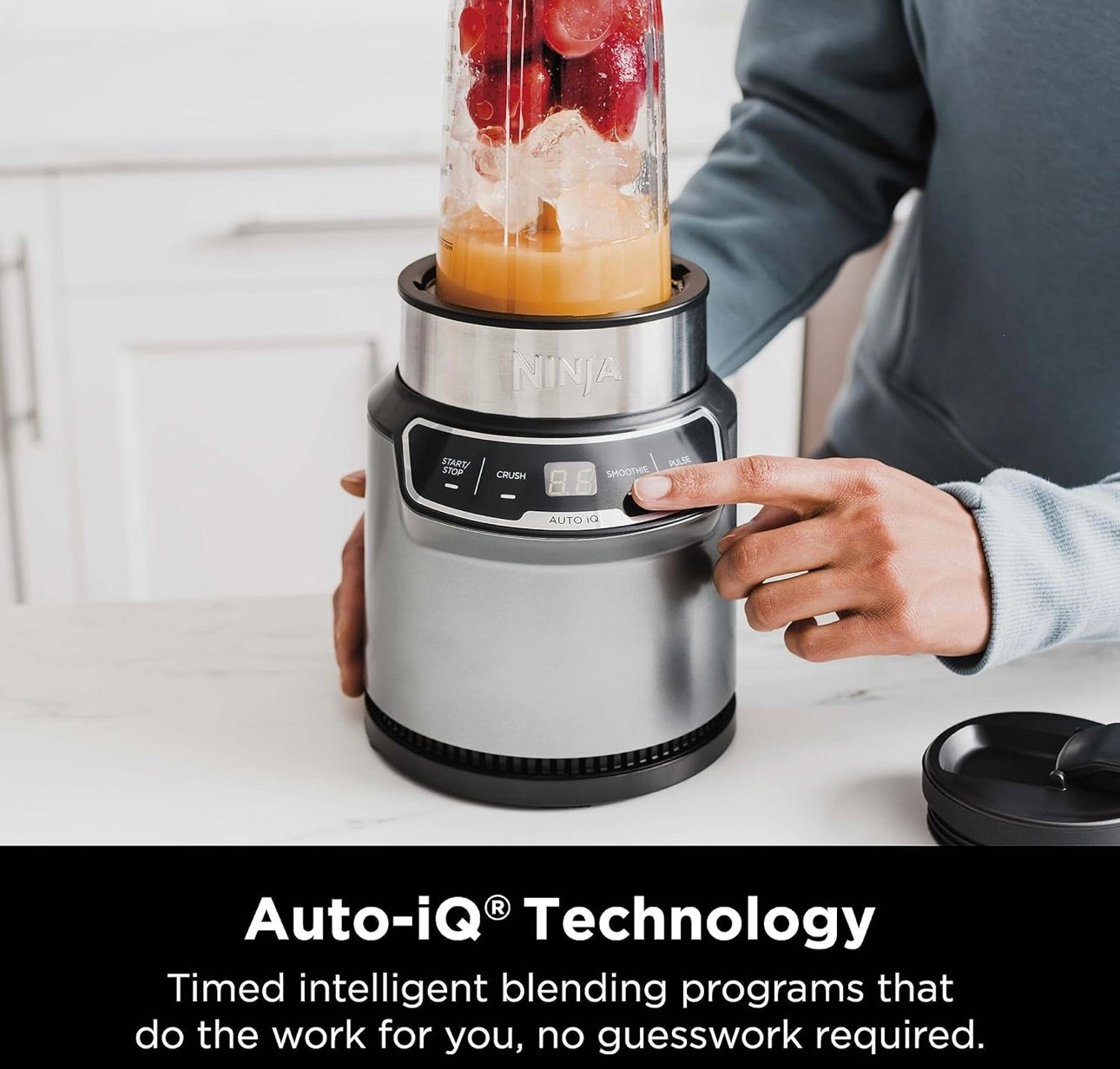 Ninja BN401 Nutri Pro Compact Personal Blender, Auto-iQ Technology, 1100-Peak-Watts, with (2) 24-oz. To-Go Cups & Spout Lids - Cloud Silver