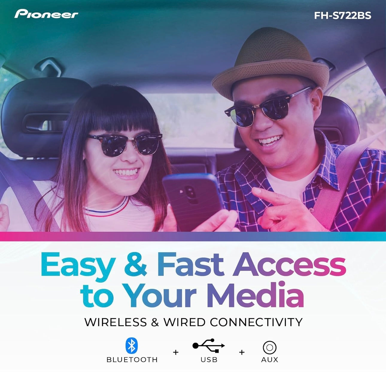 Pioneer FH-S722BS Dubbel Din Bluetooth CD Ontvanger – Ingeboude Bluetooth, USB/AUX Ingange, Pioneer Smart Sync, Hands-free Oproepe, Verbeterde Klank in die Motor