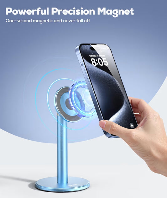 Magnetic Fully Aluminum Phone Stand, 360 Rotating for Desk w/ Metal Ring, Adjustable Holder with MagSafe Case - Blue