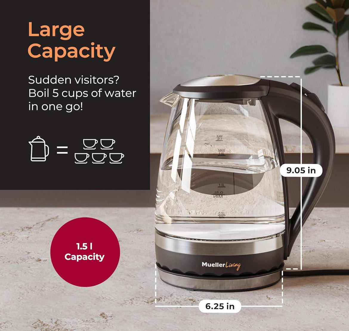 Glas Ketel 1.5L 1500W LED Lig Elektriese Teeketel Outomatiese Afskakeling met SpeedBoil Tegnologie en Droogkookbeskerming