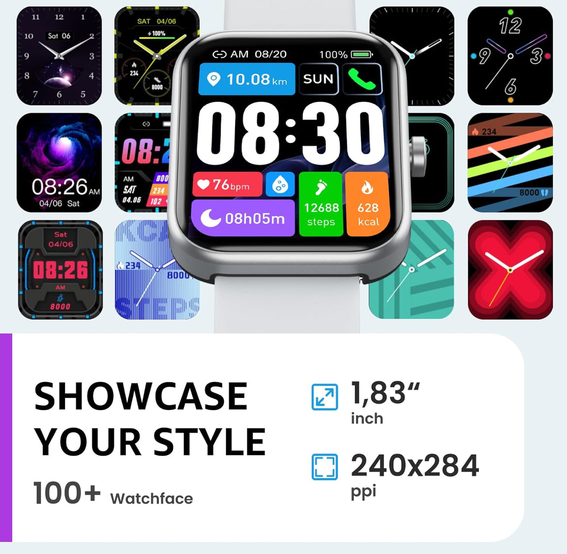 Upgraded Smart Watch for iPhone & Android, 1.83" Fitness Tracker Bluetooth Call IP68 Waterproof Sleep Monitor, 100+ Sport Modes
