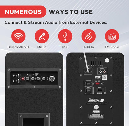 Draagbare Bluetooth PA Luidsprekerstelsel - 2000W Aktiewe Aangedrewe Buitestelsel met Mikrofooninvoer, Partytjieligte, USB SD Kaartleser, AUX/RCA/FM Radio, Wiele
