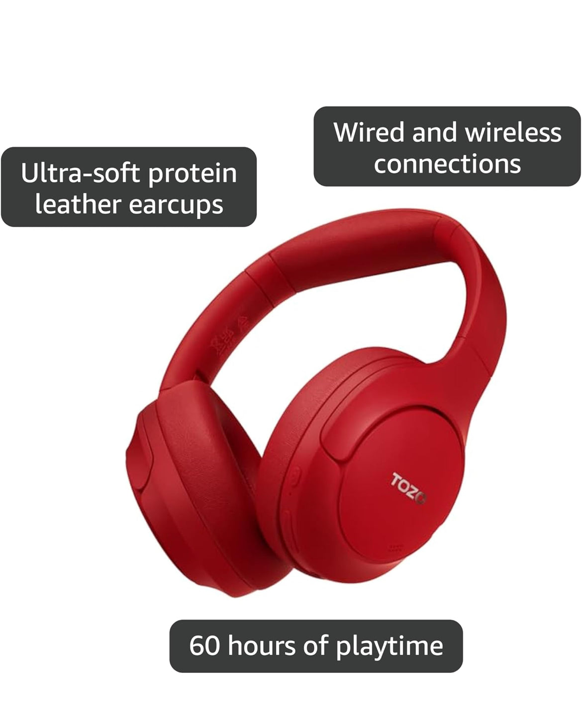 HT2 Hybrid Active Noise Cancelling Headphones, Wireless Over Ear Bluetooth Headset, 60H Playtime - Red