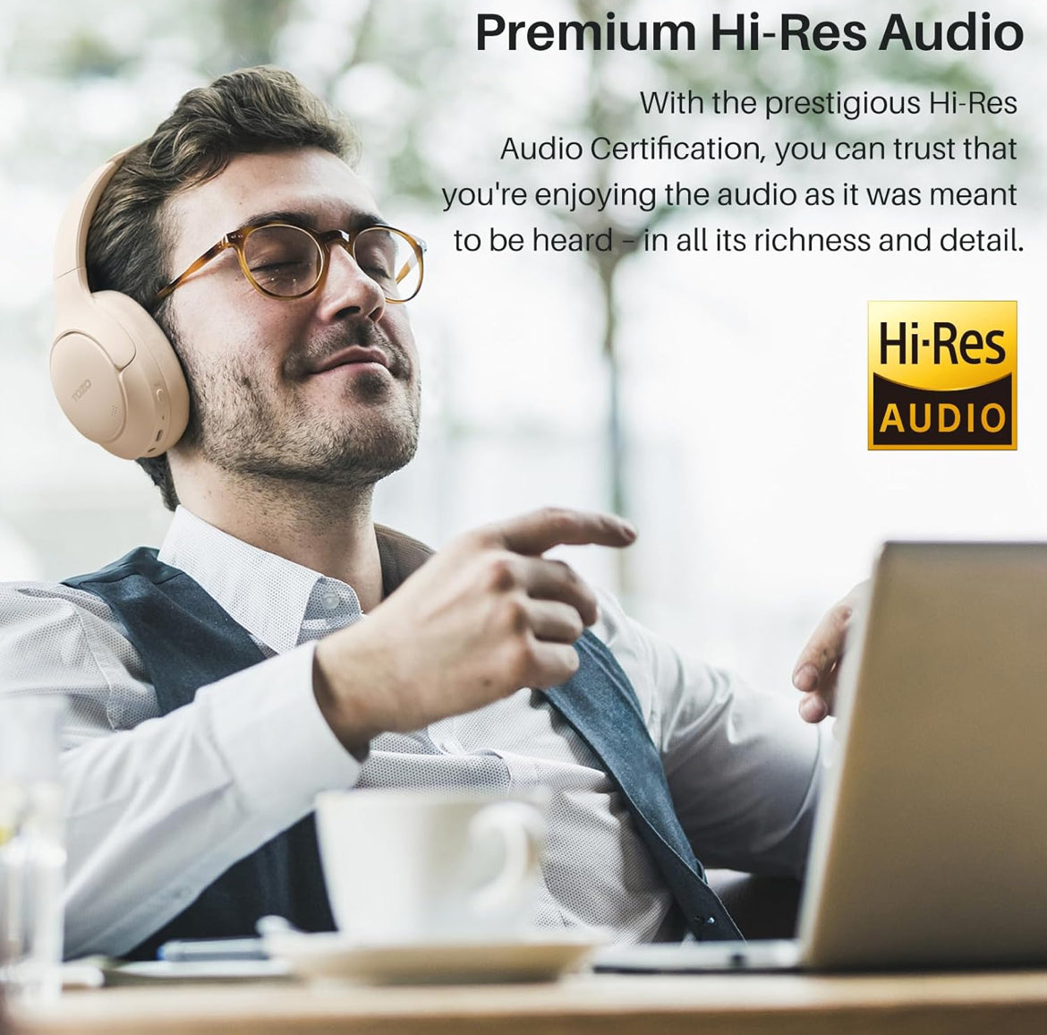 HT2 Hybrid Active Noise Cancelling Headphones, Wireless Over Ear Bluetooth Headset, 60H Playtime - Khaki