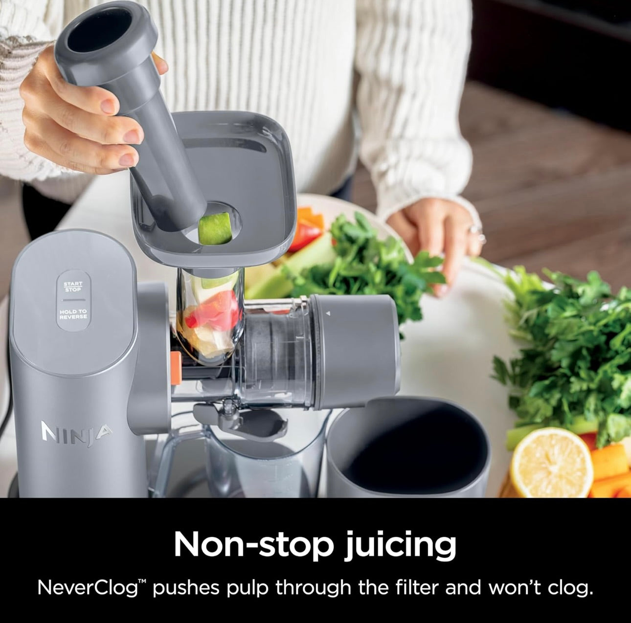 Ninja NeverClog Cold Press Juicer, Powerful Slow Juicer with Total Pulp Control, Countertop, Electric, 2 Pulp Functions - Steam Gray (JC151SL)