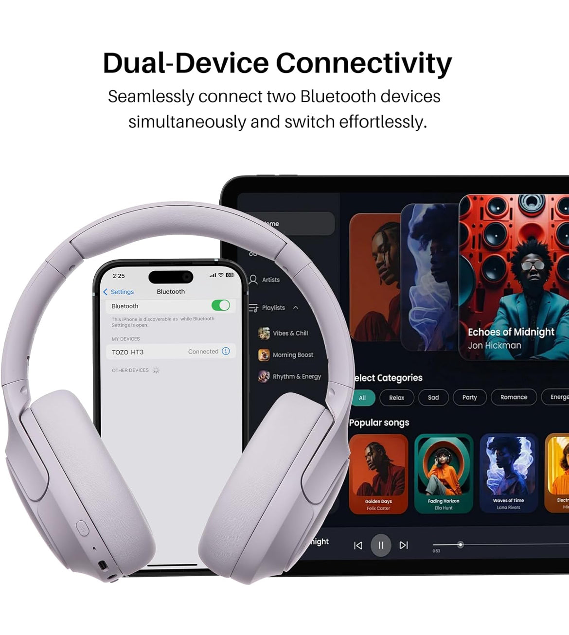 HT3 Hybrid Noise Cancelling Headphones, 90H Battery Life Over Ear Bluetooth 6.0 Foldable Headset, AI Voice Assistant - Light Purple