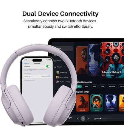 HT3 Hybrid Noise Cancelling Headphones, 90H Battery Life Over Ear Bluetooth 6.0 Foldable Headset, AI Voice Assistant - Light Purple