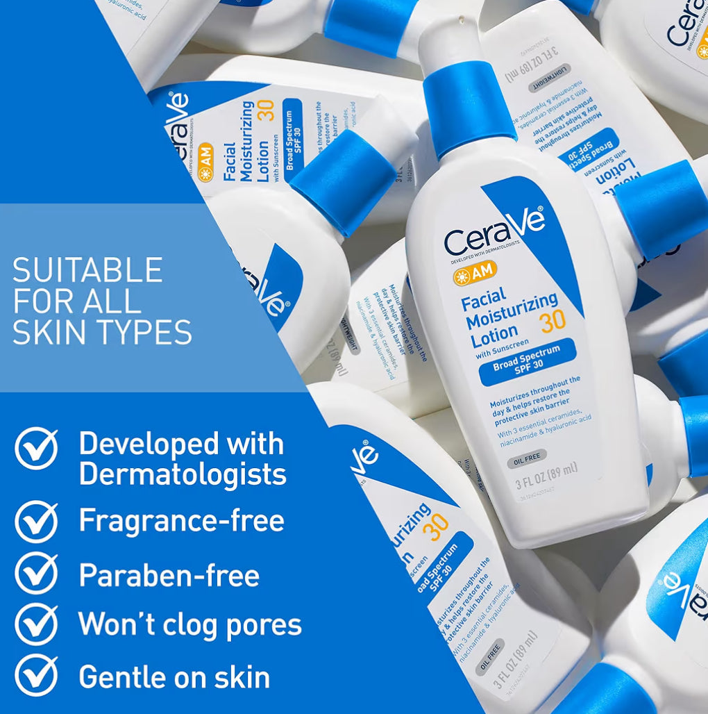 CeraVe AM Gesigsbevogtigende Lotion SPF 30, Olievrye Gesigsbevogtiger Hialuroonsuur, Niasienamied & Skeramiede (89 ml)