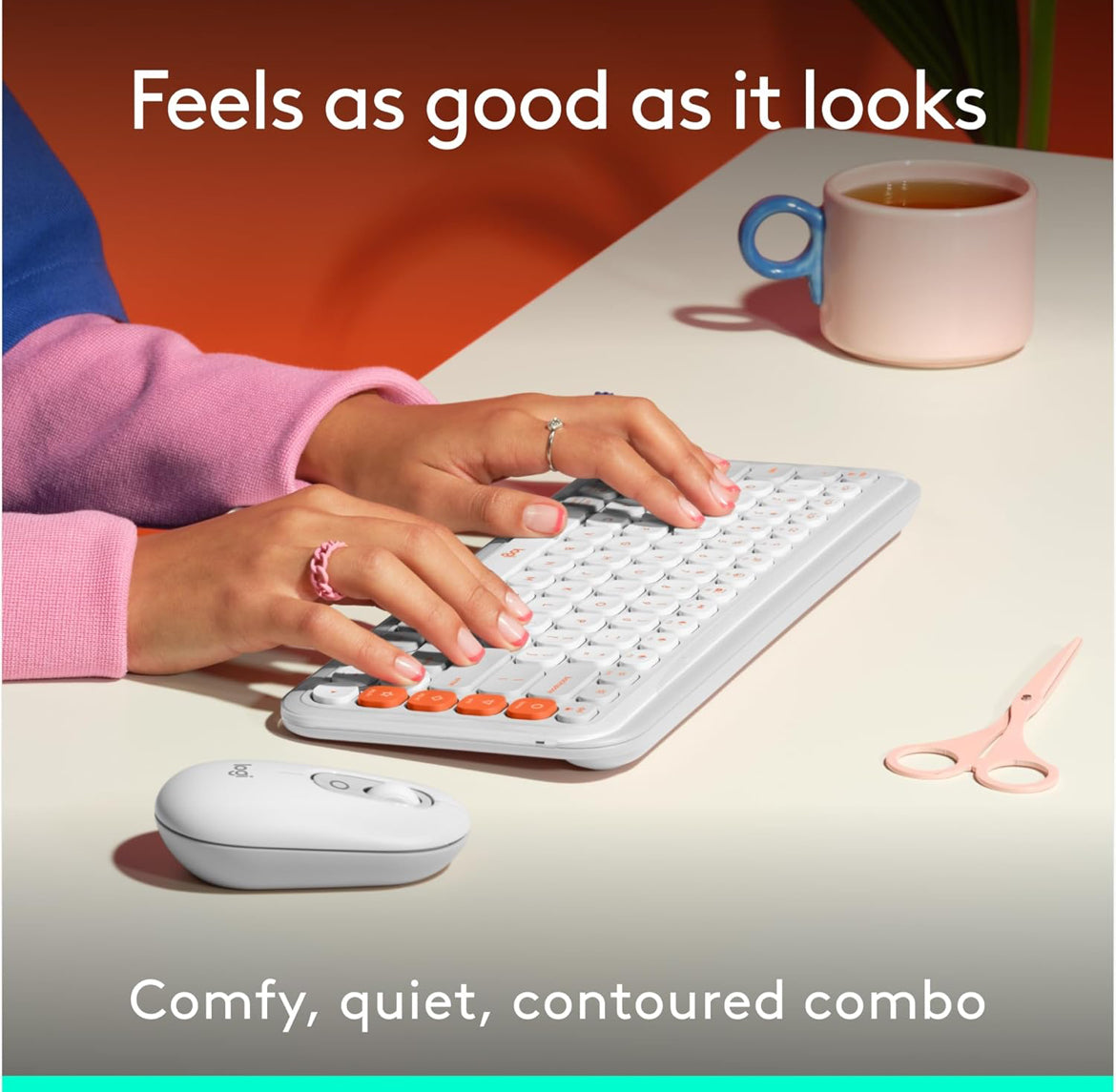 Logitech POP ICON Combo, Bluetooth-sleutelbord-en-muiskombinasie, Gemaklike Tik, programmeerbare Sleutels en Knoppies, Stil klikke, Maklike Skakel tot 3 Toestelle – Spierwit