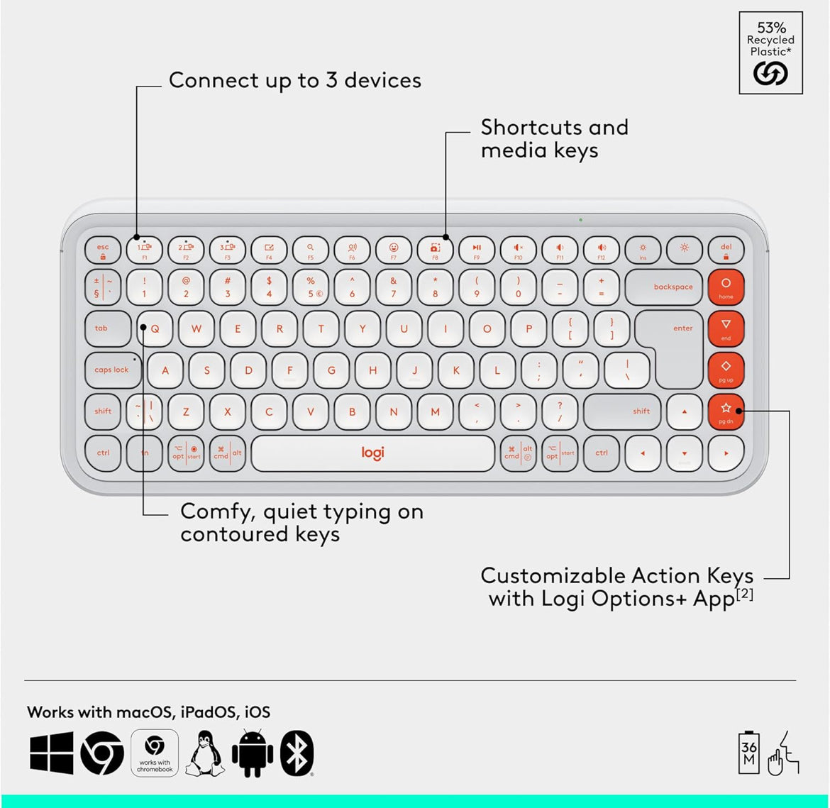 Logitech POP ICON Combo, Bluetooth-sleutelbord-en-muiskombinasie, Gemaklike Tik, programmeerbare Sleutels en Knoppies, Stil klikke, Maklike Skakel tot 3 Toestelle – Spierwit