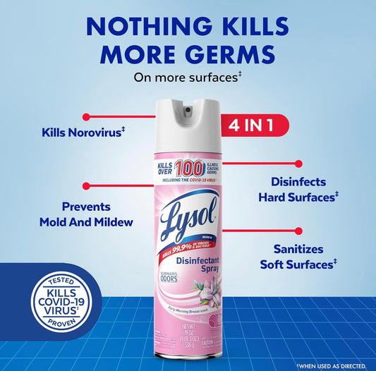 Lysol Ontsmettingssproei, Saniterende en Antibakteriese Sproei, Vir Ontsmetting en Ontgeuring, Vroeë Oggendbries, 1 Tel, 370 ml elk, Verpakking mag verskil