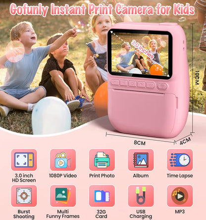 Kitsdruk Kamera 3.0" HD 32MP Kinders 1080P m/ 3 Rolle Drukkerpapier 32GB SD Kaart (Pienk)