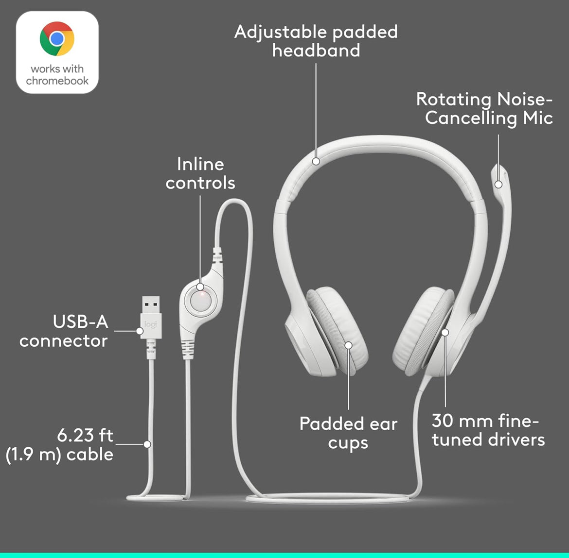 Logitech H390-speletjieshoofoorfone, bedrade koptelefoon met mikrofoon, USB-koptelefoon met mikrofoon vir rekenaar, geraasdempende mikrofoon vir videovergaderings, musiek, speletjies – Spierwit