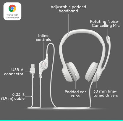 Logitech H390-speletjieshoofoorfone, bedrade koptelefoon met mikrofoon, USB-koptelefoon met mikrofoon vir rekenaar, geraasdempende mikrofoon vir videovergaderings, musiek, speletjies – Spierwit
